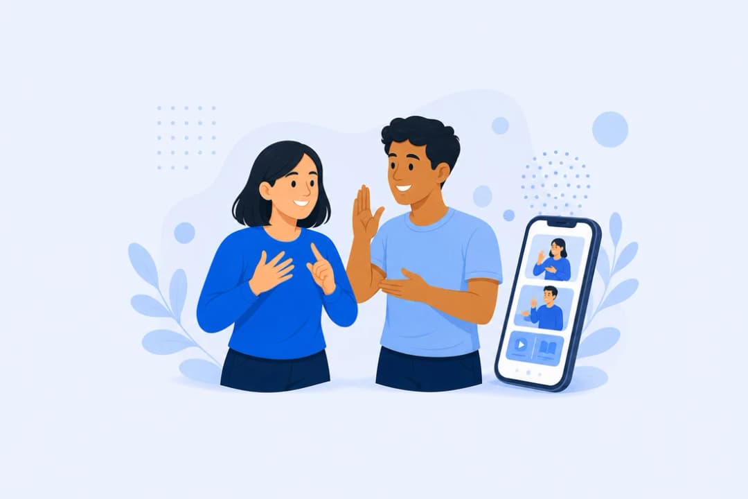 Two learners practising Auslan beside the Auslearn app