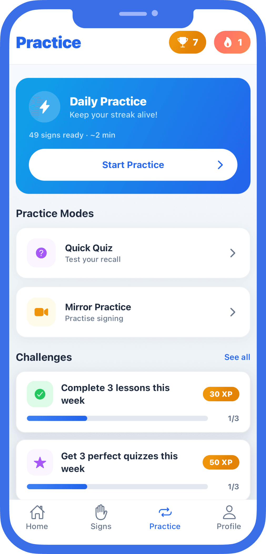 Auslearn Practice tab showing Daily Practice, Quick Quiz, Mirror Practice and weekly challenges